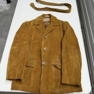 Vintage Corduroy Safari Jacket Mustard Tan 70s Belted Coat Mens Large
